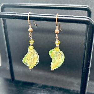 Handcrafted Green Glass Leaf Earrings
